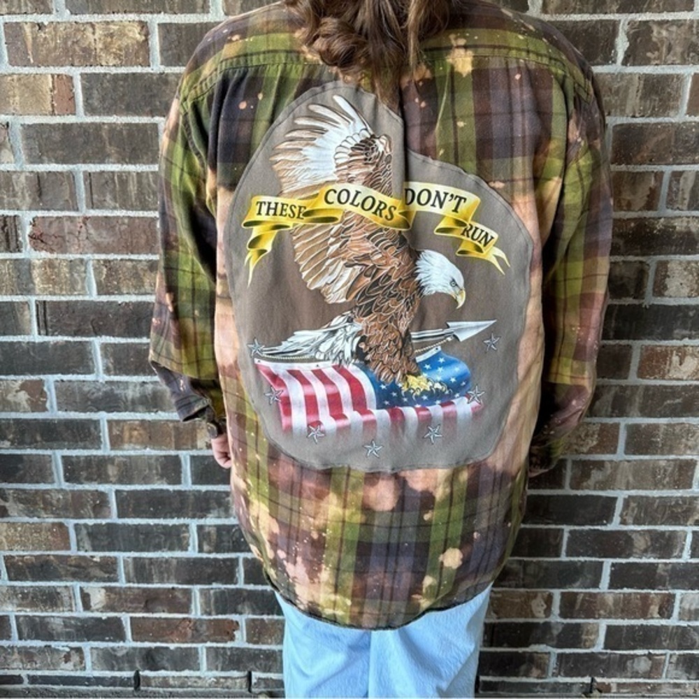 Upcycled Eagle American Flag Flannel Shirt Bleach Dyed Button Down USA Americana